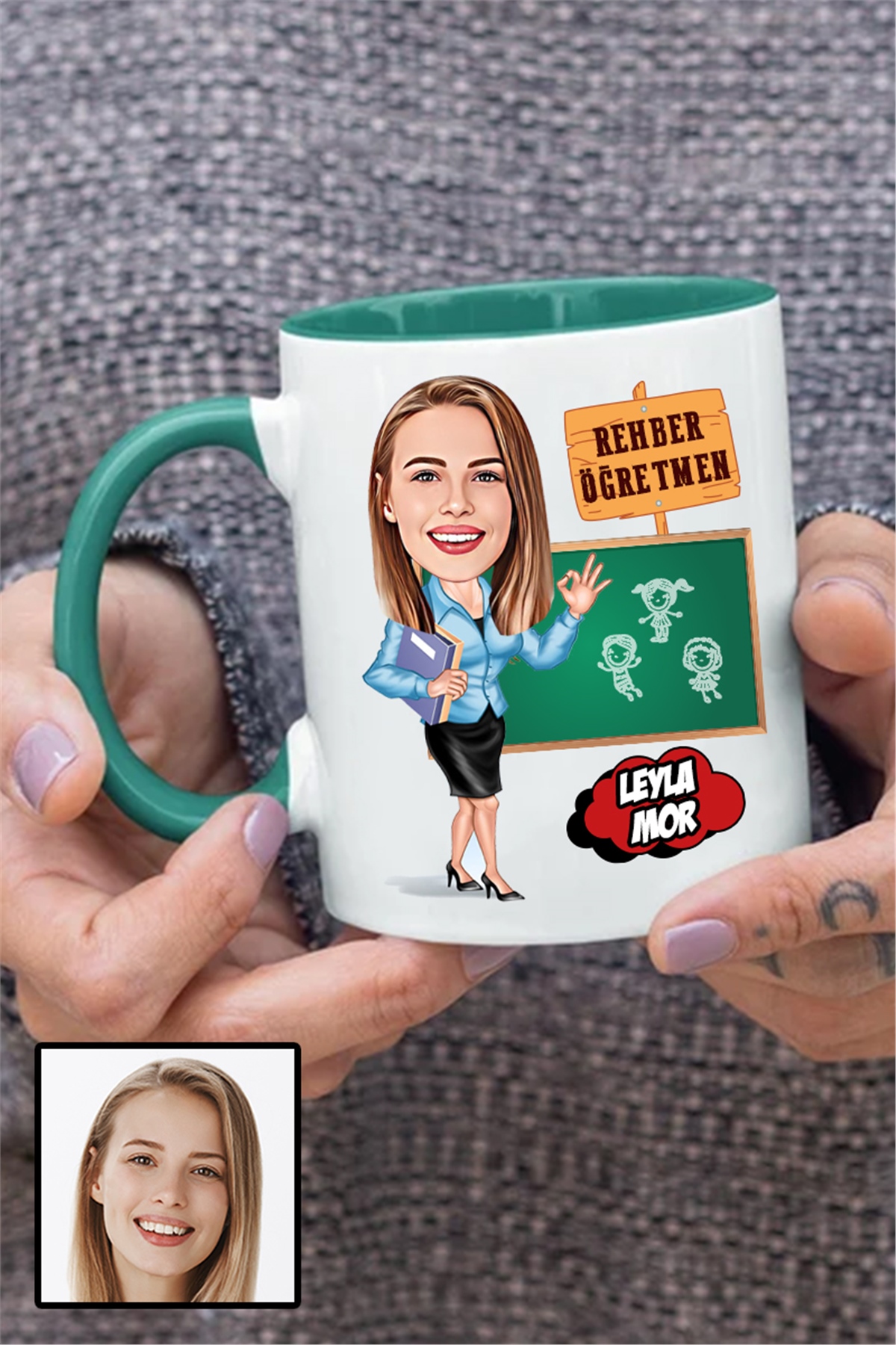 Kadın Rehber Öğretmene Özel Hediye Karikatürlü İçi Renkli Kupa Bardak