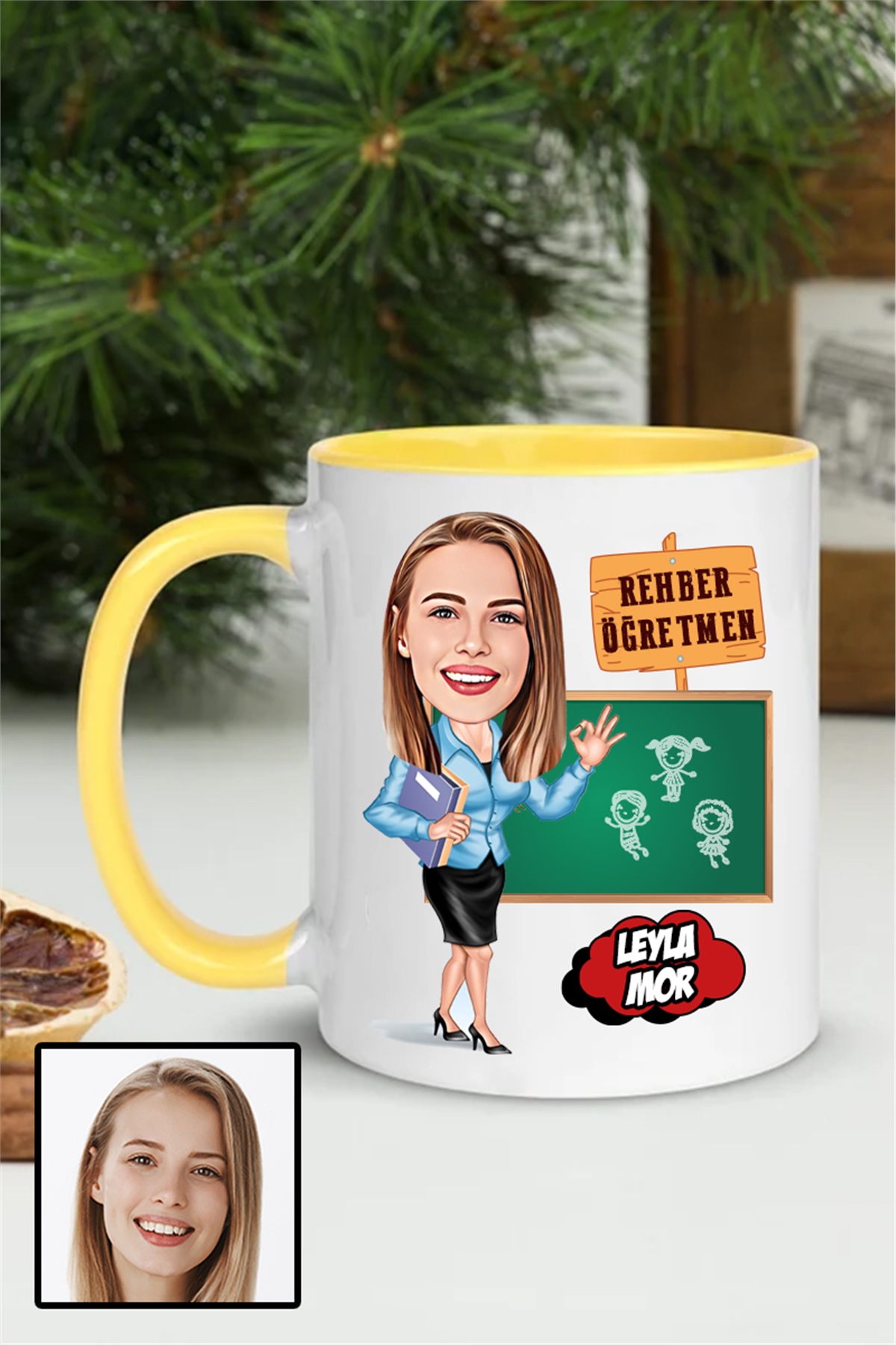 Kadın Rehber Öğretmene Özel Hediye Karikatürlü İçi Renkli Kupa Bardak