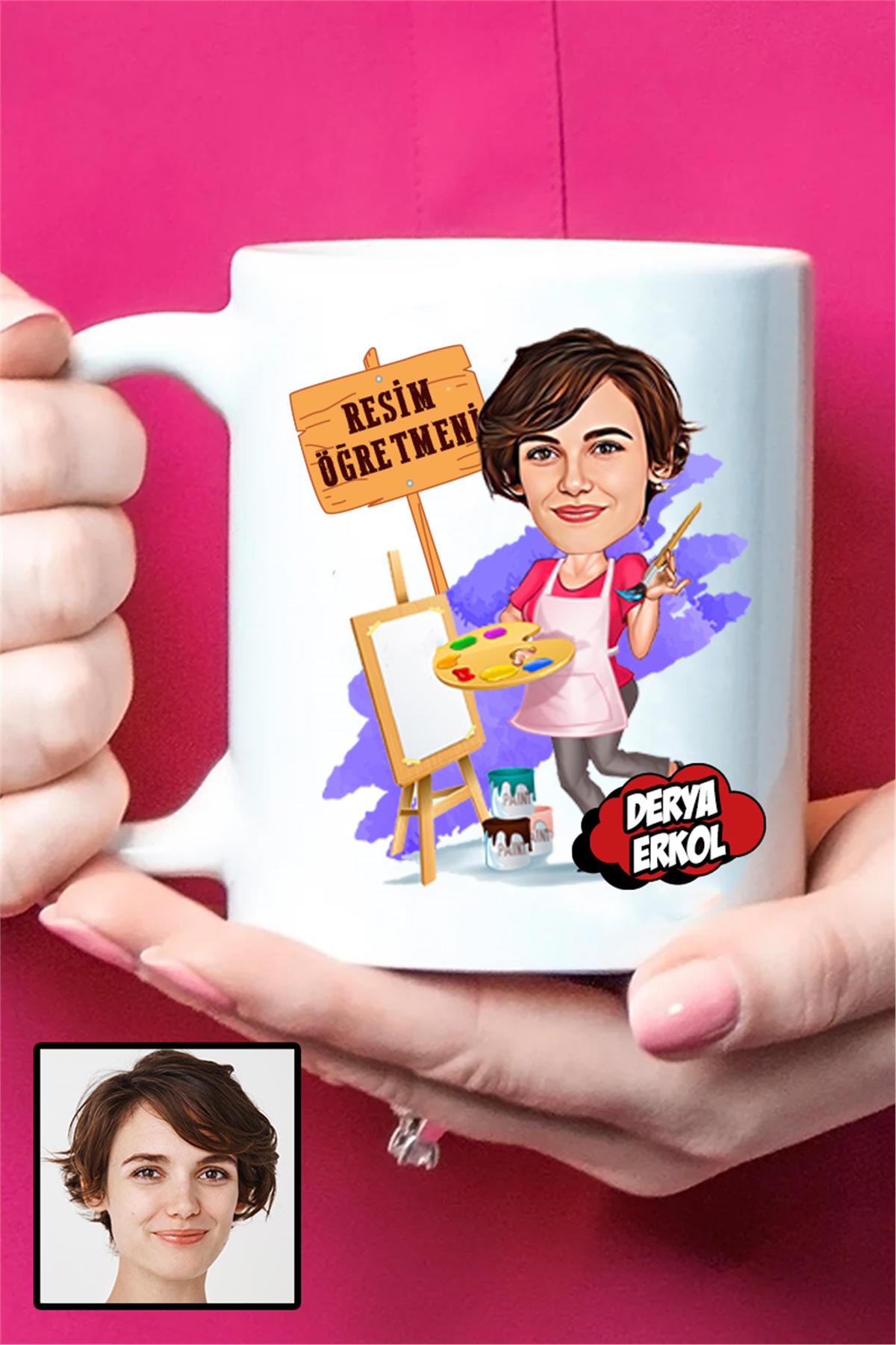 Kadın Resim Öğretmenine Hediye Karikatürlü Beyaz Kupa Bardak