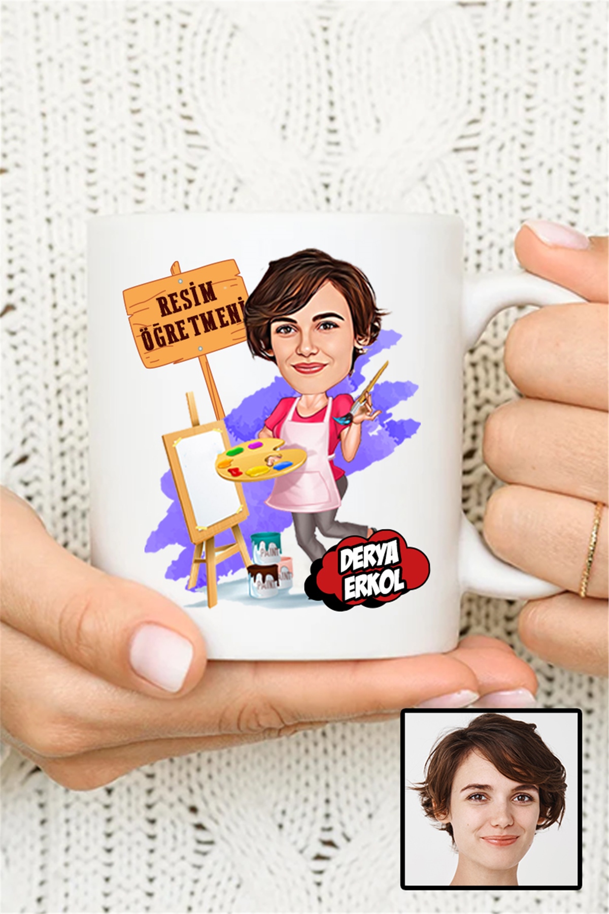 Kadın Resim Öğretmenine Hediye Karikatürlü Beyaz Kupa Bardak