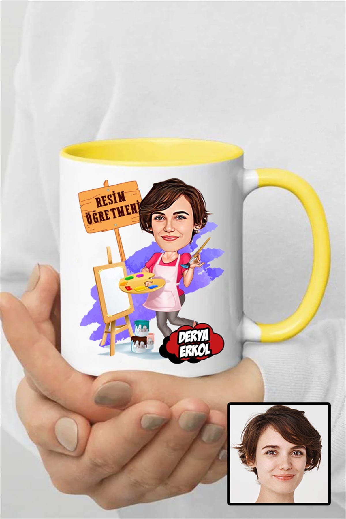 Kadın Resim Öğretmenine Özel Hediye Karikatürlü İçi Renkli Kupa Bardak