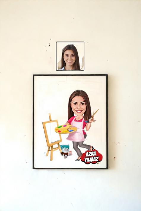 Kadın Ressama Hediye Kişiye Özel Ressam Karikatürlü Hediyelik Çerçeve