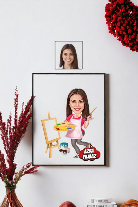 Kadın Ressama Hediye Kişiye Özel Ressam Karikatürlü Hediyelik Çerçeve