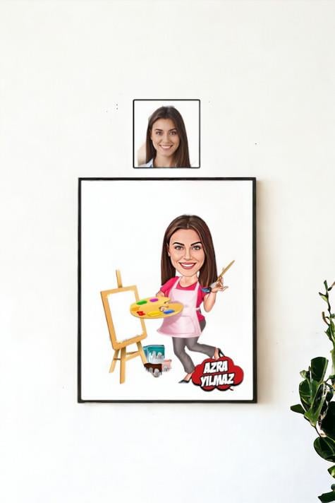 Kadın Ressama Hediye Kişiye Özel Ressam Karikatürlü Hediyelik Çerçeve