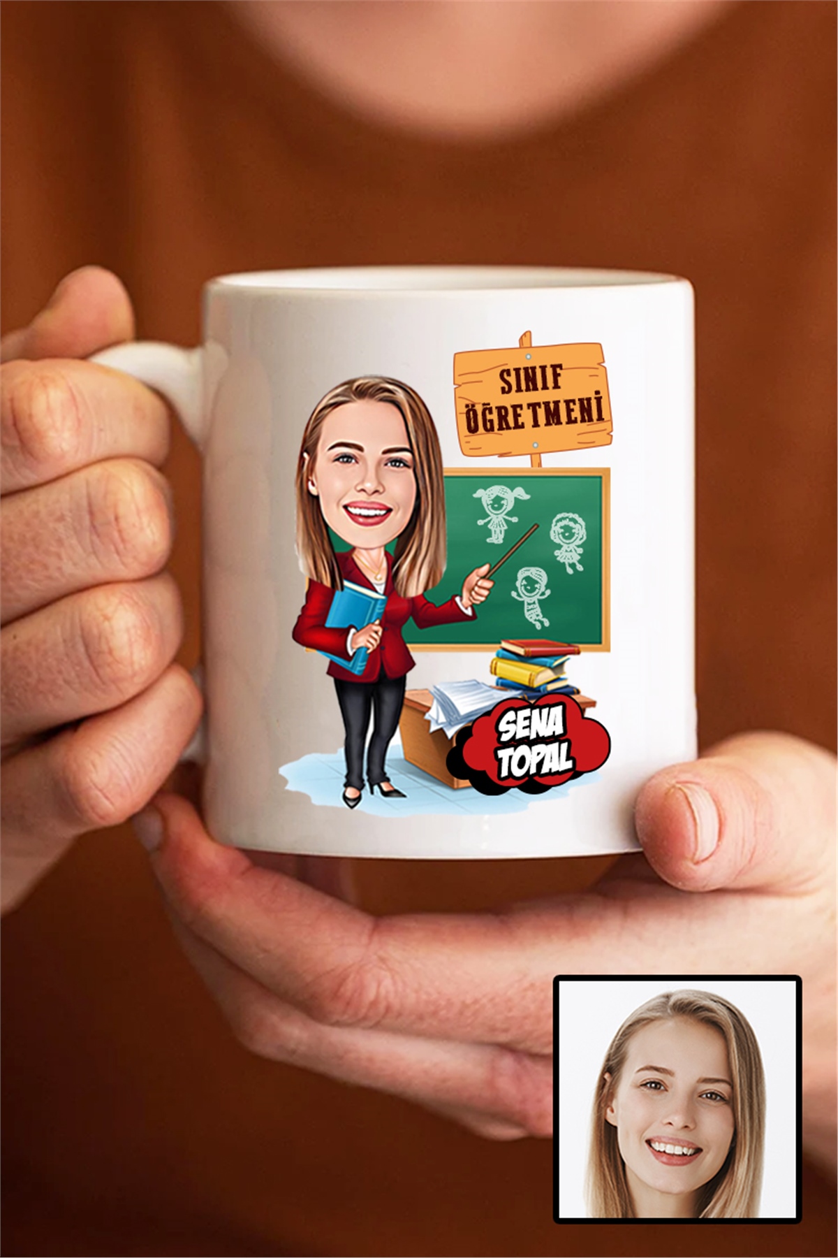 Kadın Sınıf Öğretmenine Hediye Karikatürlü Beyaz Kupa Bardak