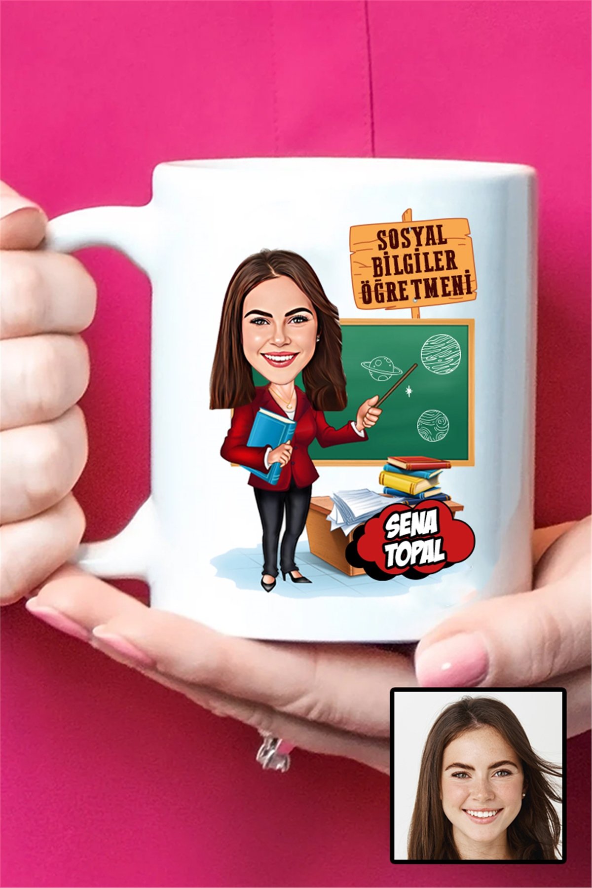 Kadın Sosyal Bilgiler Öğretmenine Hediye Karikatürlü Beyaz Kupa Bardak