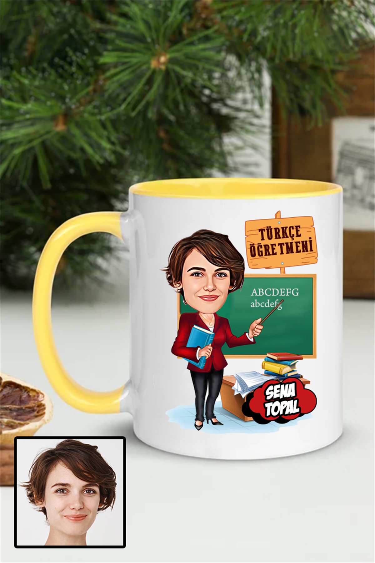 Kadın Türkçe Öğretmenine Özel Hediye Karikatürlü İçi Renkli Kupa Bardak