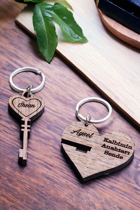 Sevgiliye Hediye Kalbimin Anahtarı Tasarım İkili Ahşap Anahtarlık