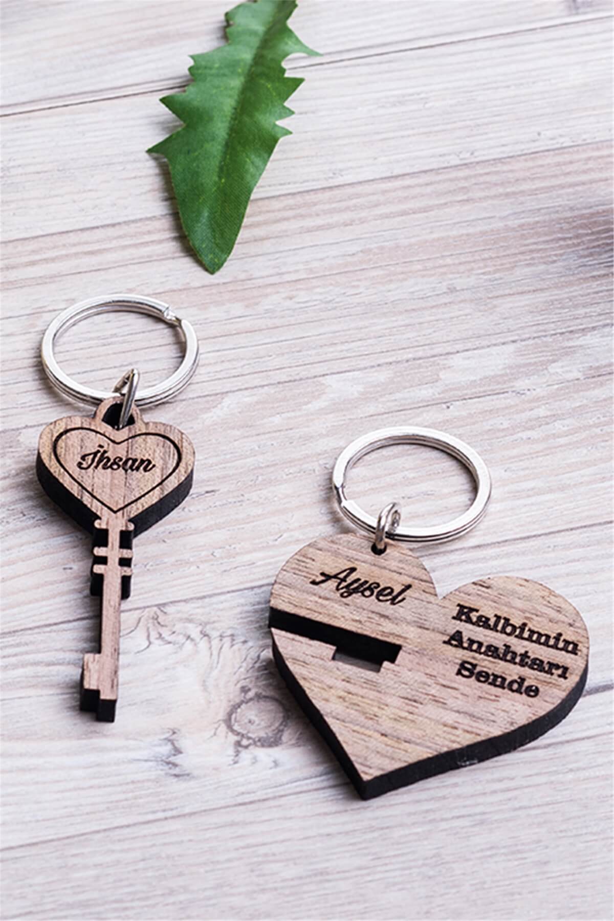 Sevgiliye Hediye Kalbimin Anahtarı Tasarım İkili Ahşap Anahtarlık