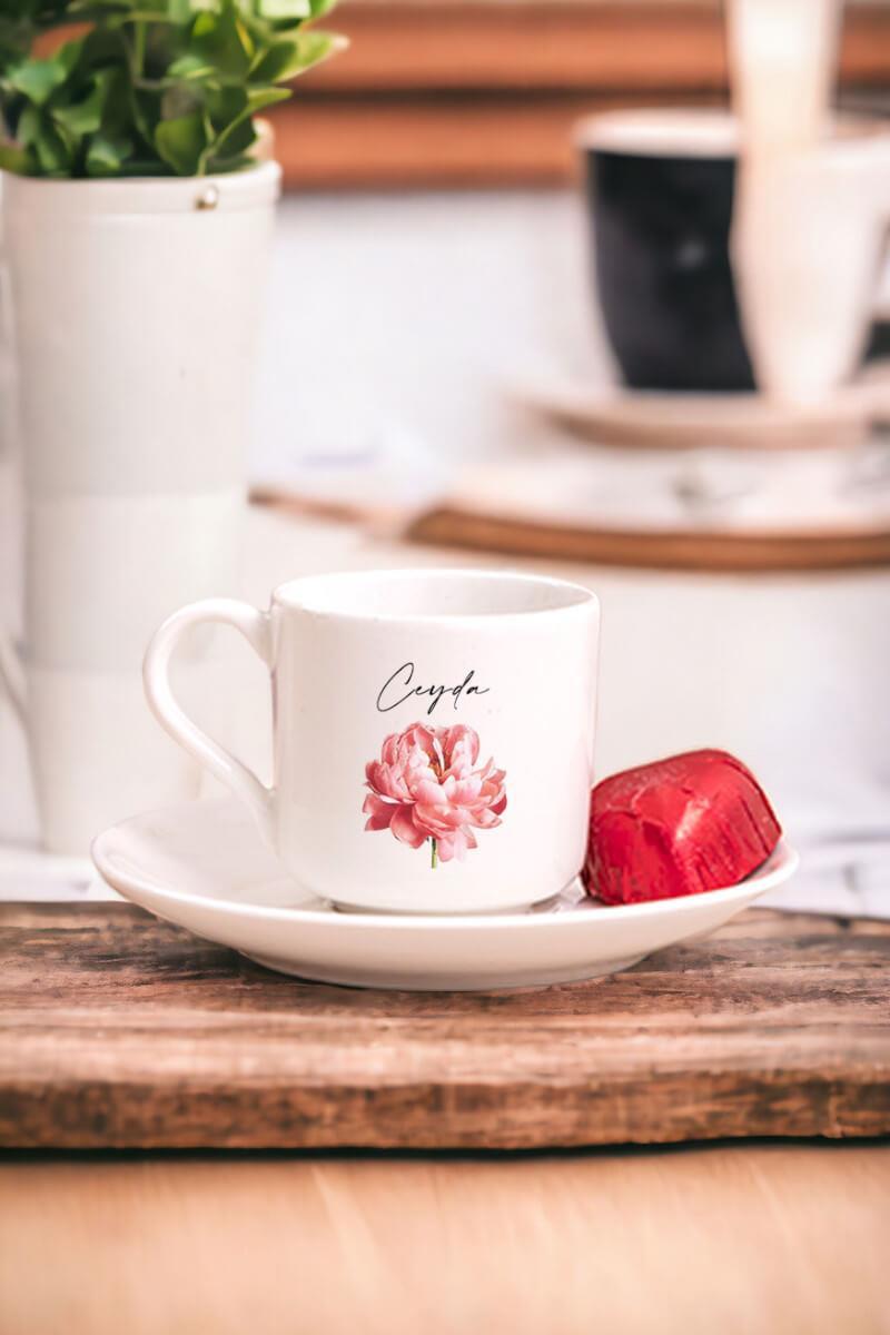 Kişiye Özel Anneler Günü Hediyesi Pembe Çiçekli Porselen Türk Kahvesi Fincanı