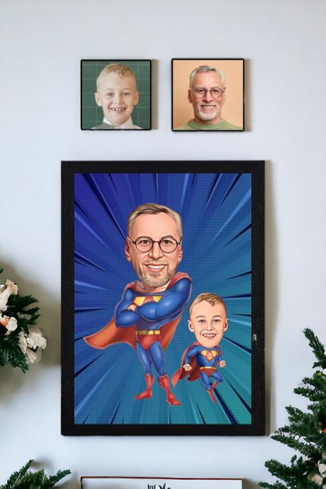 Kişiye Özel Baba Oğul Hediyesi Süper Kahraman Karikatürlü Hediyelik Çerçeve