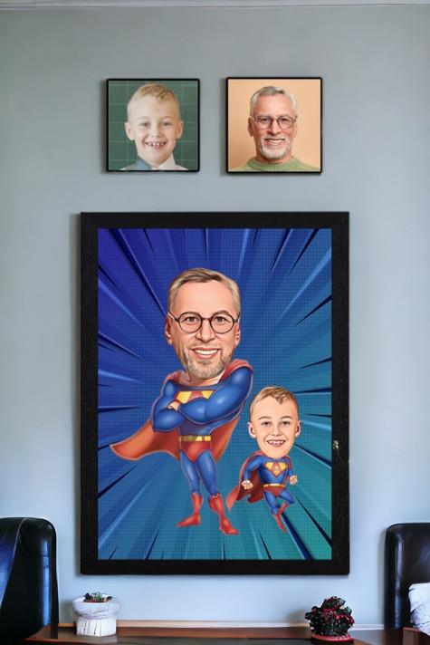 Kişiye Özel Baba Oğul Hediyesi Süper Kahraman Karikatürlü Hediyelik Çerçeve