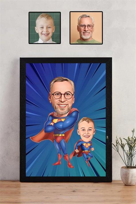 Kişiye Özel Baba Oğul Hediyesi Süper Kahraman Karikatürlü Hediyelik Çerçeve