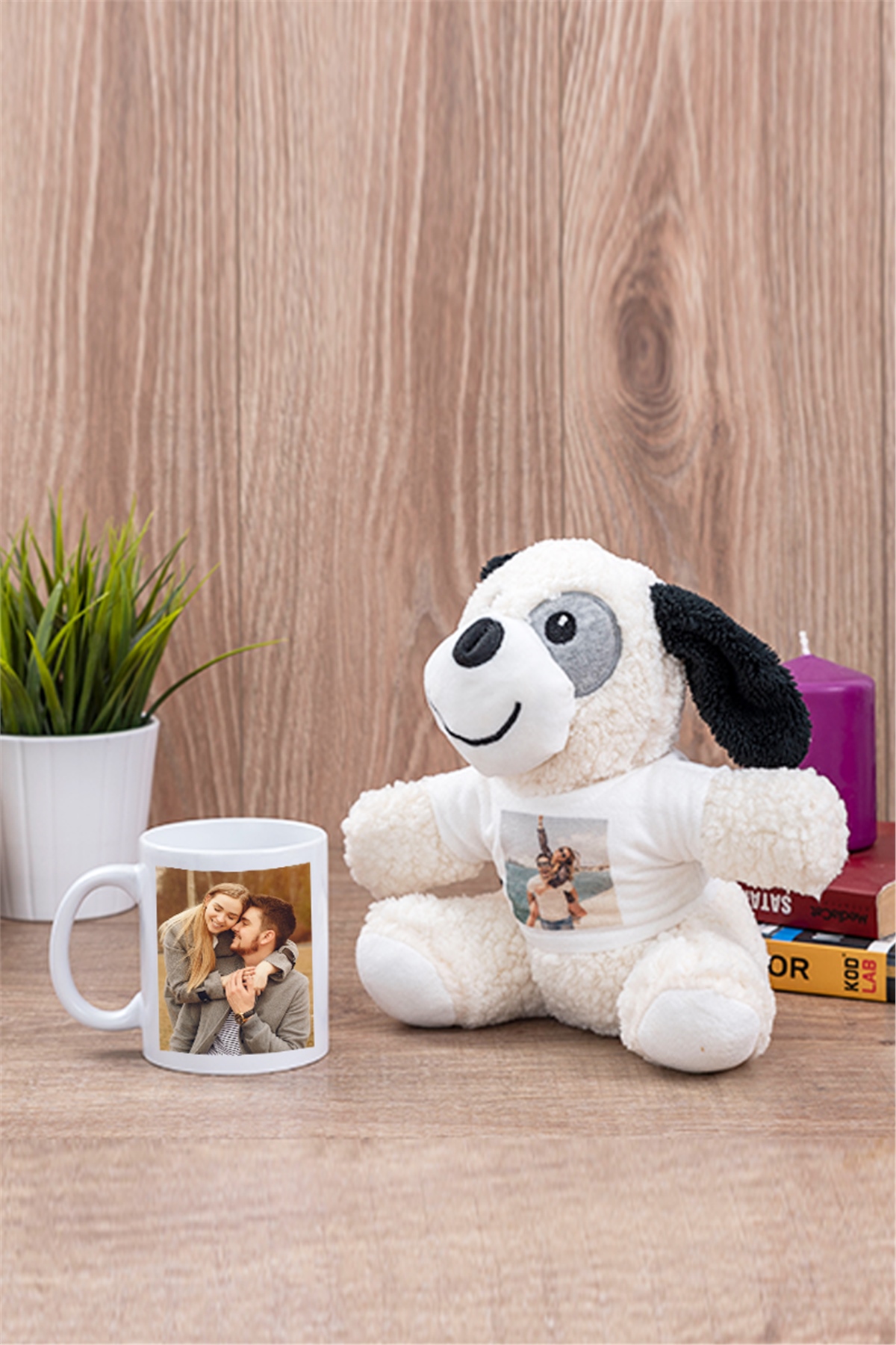 Kişiye Özel Fotoğraflı Beyaz Kupa Bardak ve Peluş Köpek