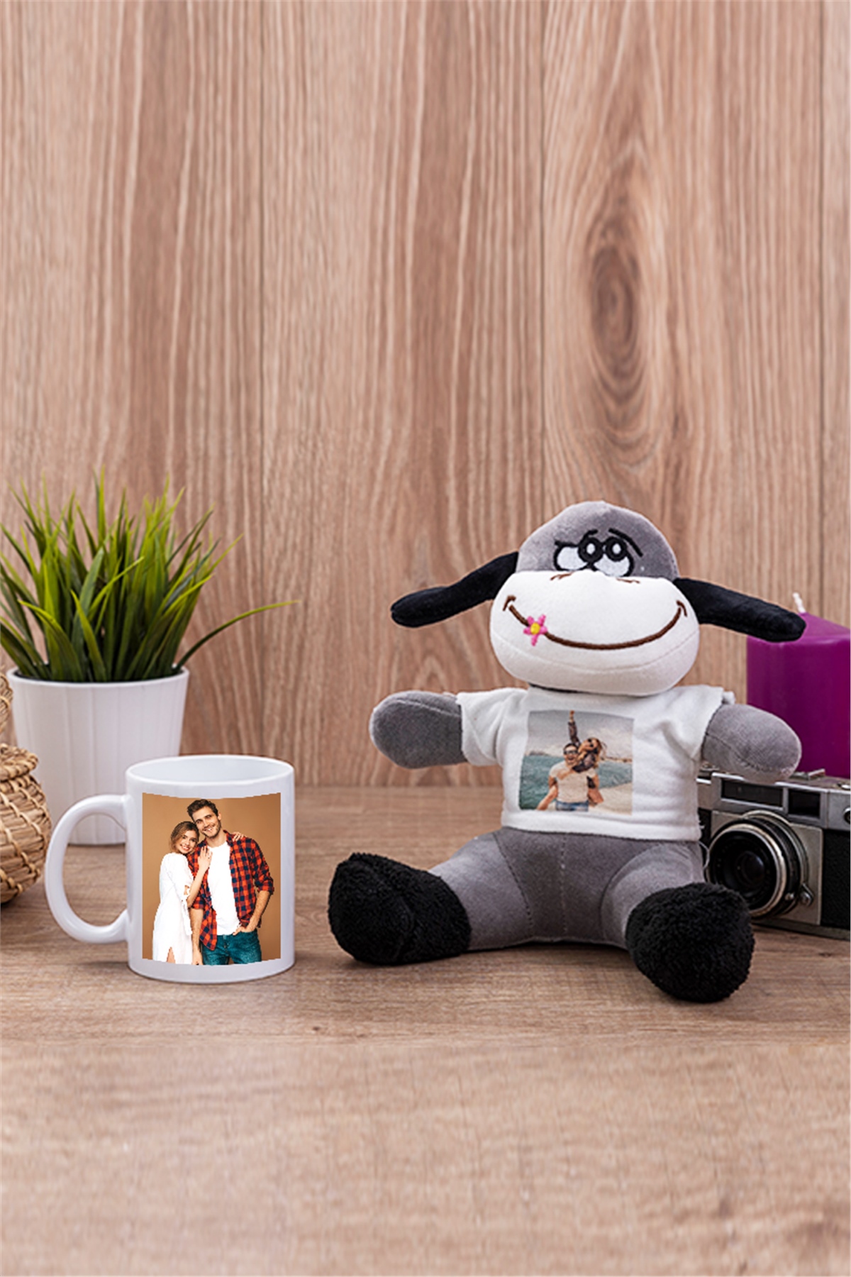 Kişiye Özel Fotoğraflı Beyaz Kupa Bardak ve Peluş Eşek
