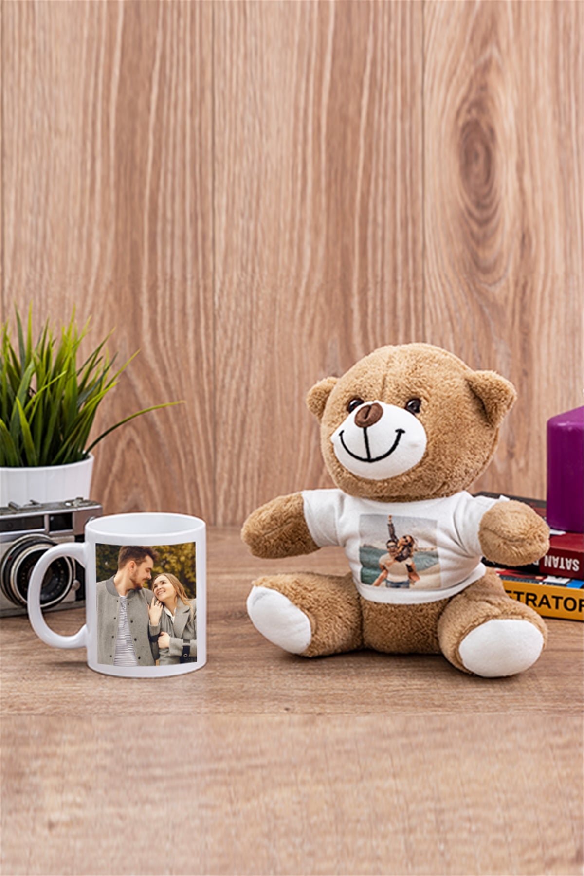 Kişiye Özel Fotoğraflı Beyaz Kupa Bardak ve Peluş Ayı