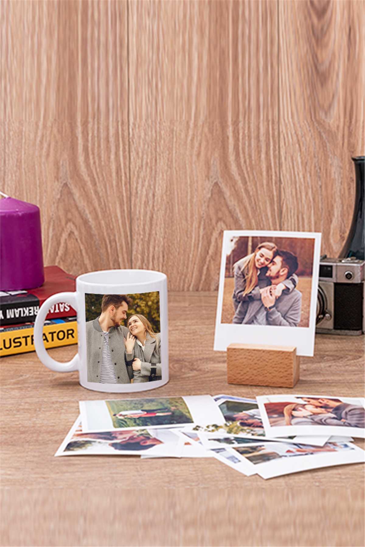 Kişiye Özel Fotoğraflı Beyaz Kupa Bardak ve Polaroid Fotoğraf Seti