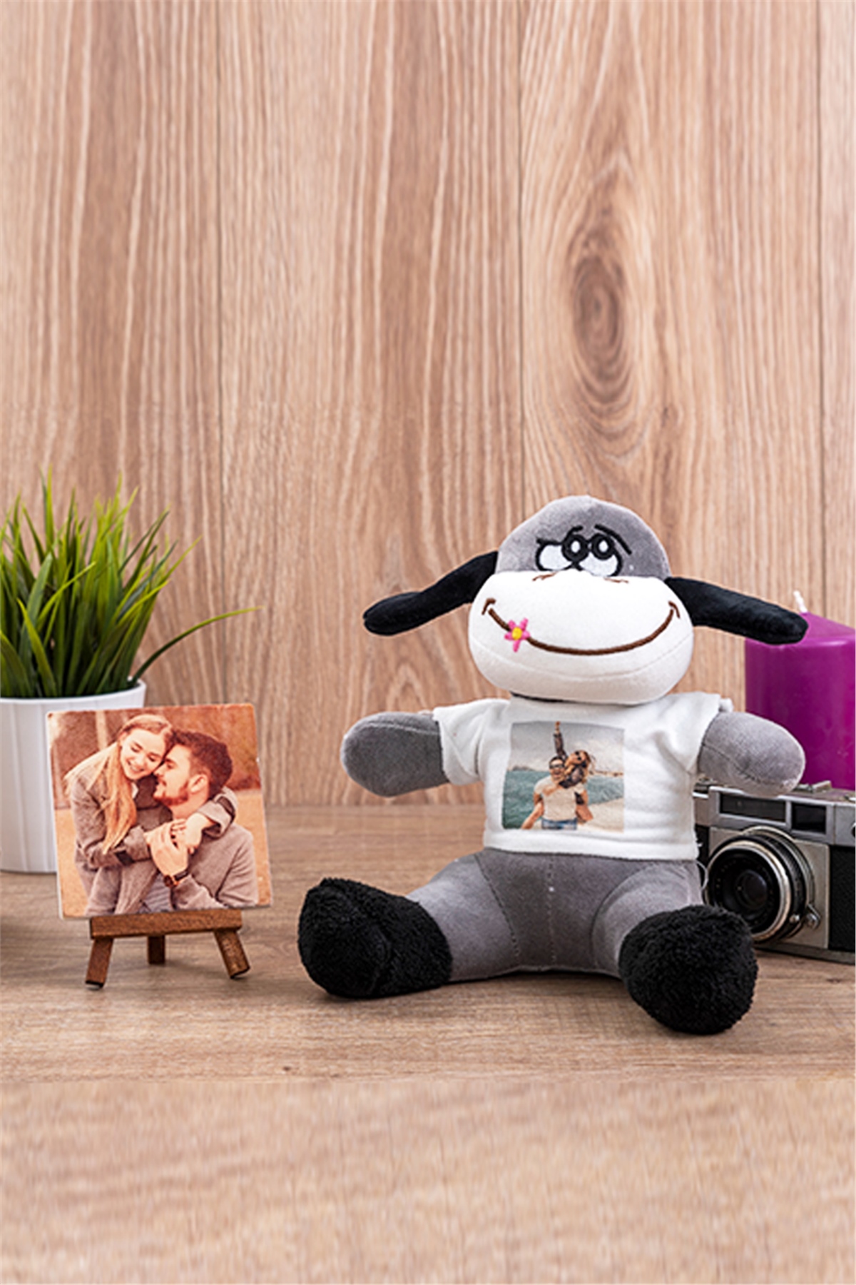 Kişiye Özel Fotoğraflı Peluş Eşek ve Taş Masa Dekoru