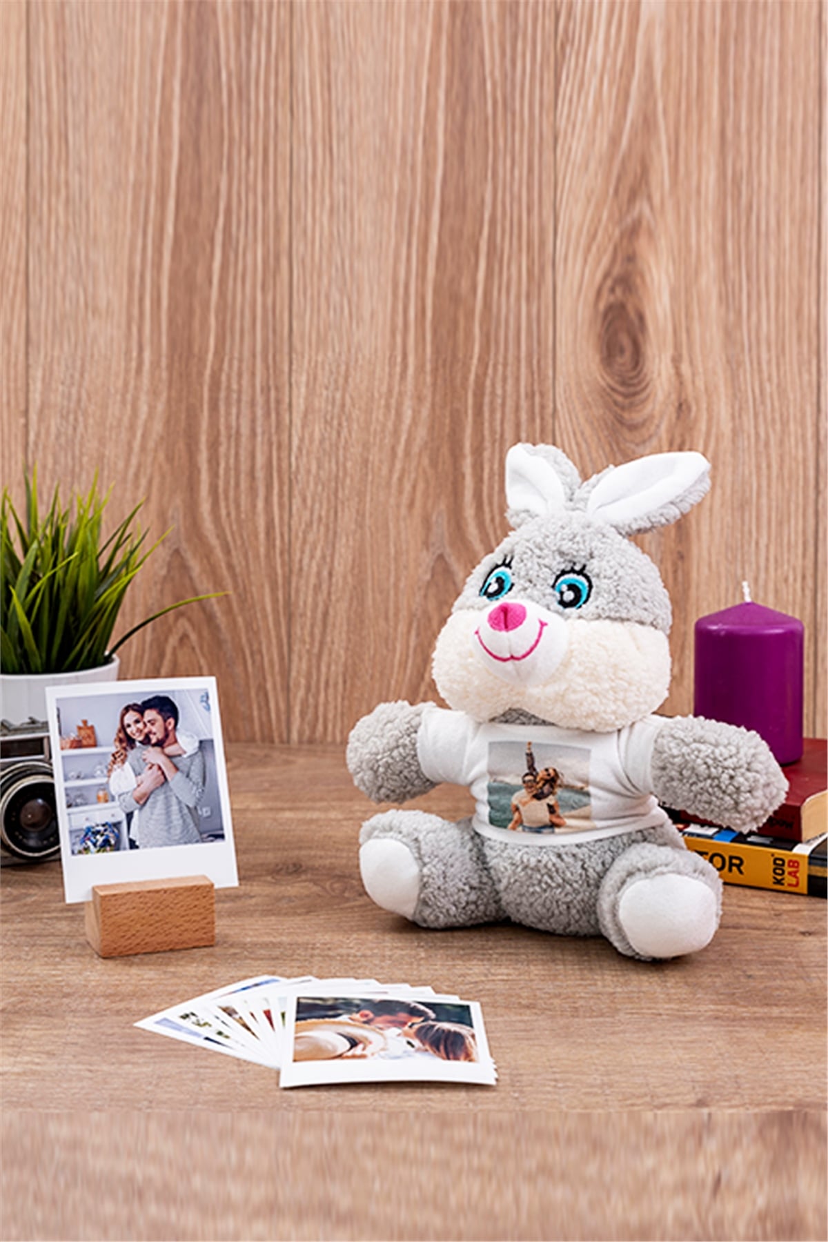 Kişiye Özel Fotoğraflı Peluş Tavşan ve Polaroid Fotoğraf Seti
