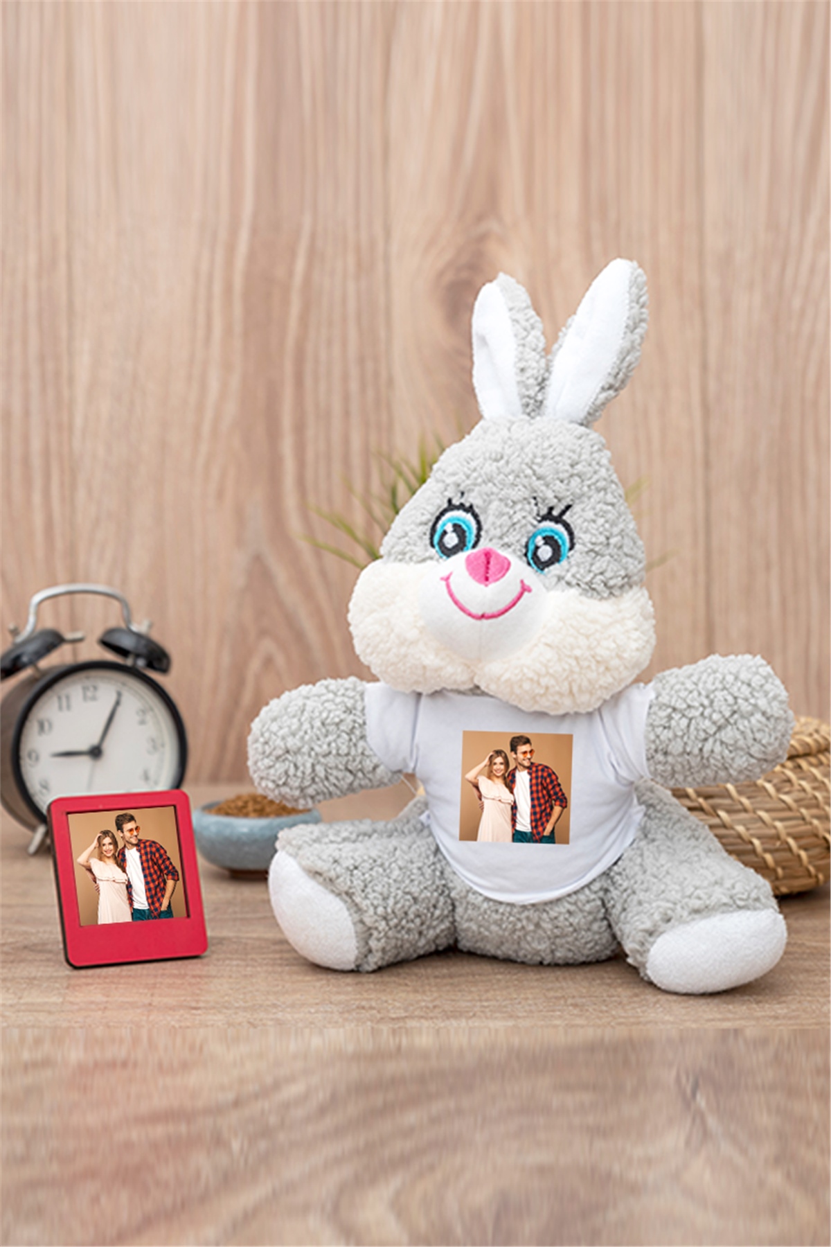 Kişiye Özel Fotoğraflı Peluş Tavşan ve Mini Çerçeve