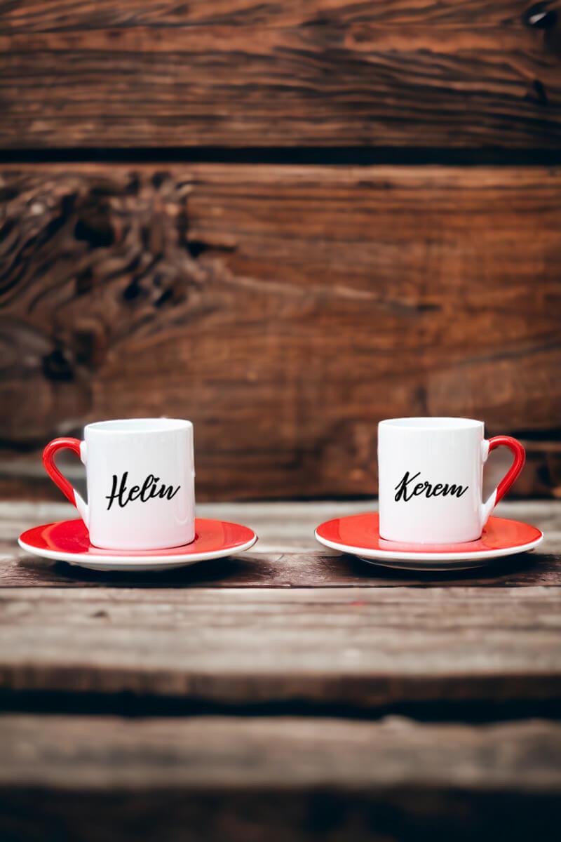 Kişiye Özel İsim Yazılı İkili Kırmızı Türk Kahvesi Fincanı
