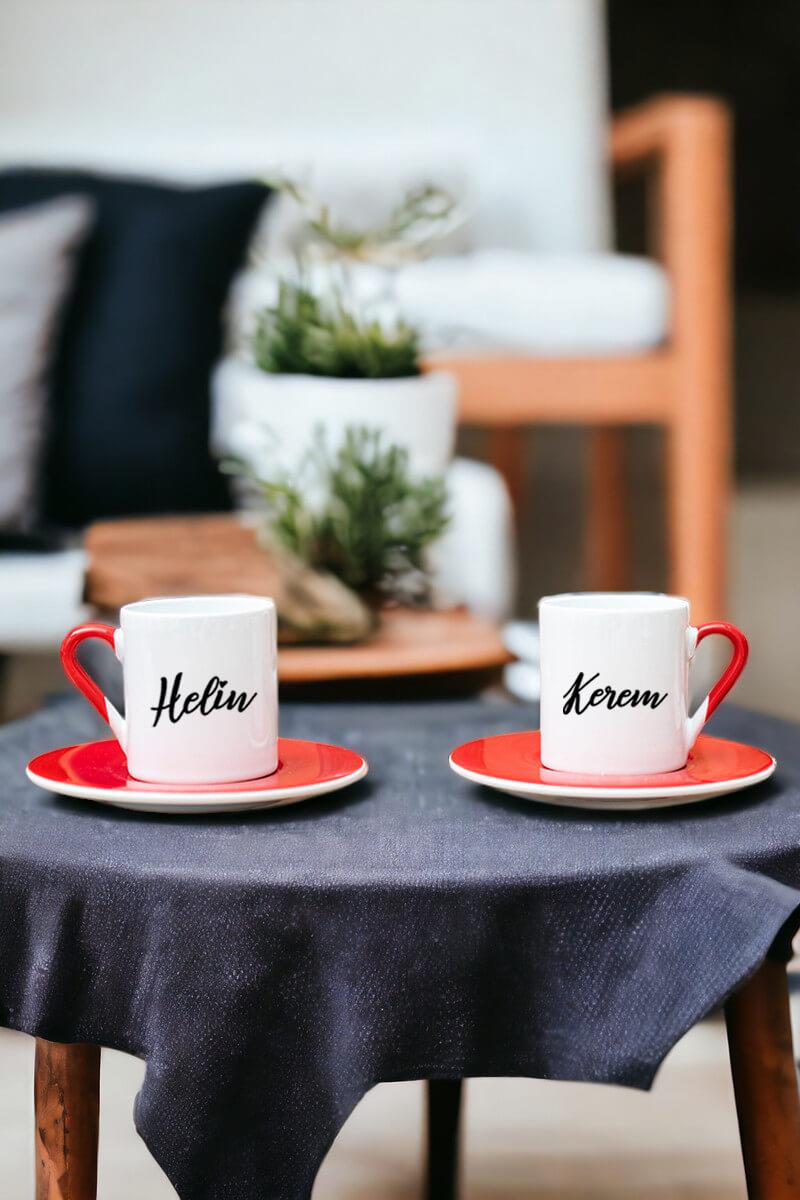 Kişiye Özel İsim Yazılı İkili Kırmızı Türk Kahvesi Fincanı