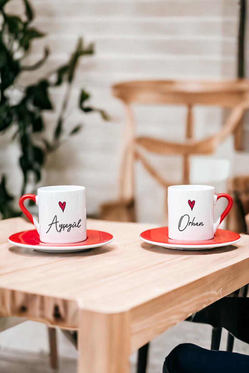 Kişiye Özel İsim Yazılı Minik Kalpli İkili Kırmızı Türk Kahvesi Fincanı