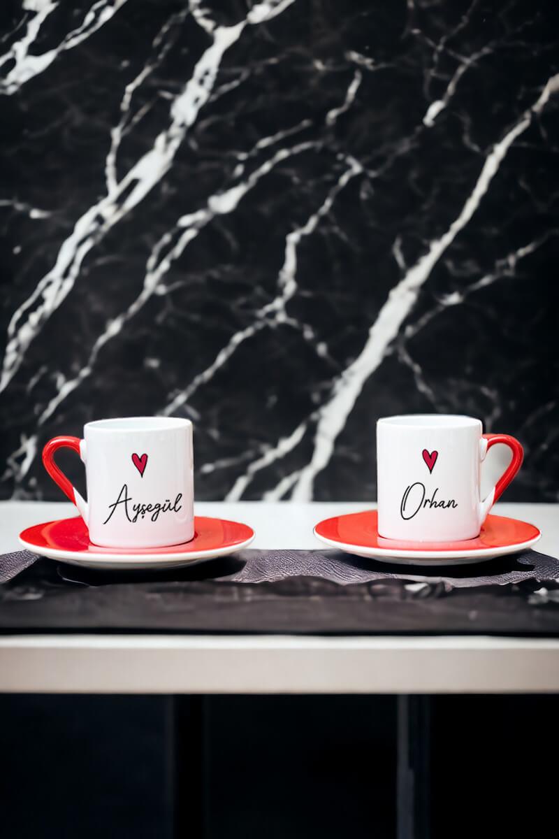 Kişiye Özel İsim Yazılı Minik Kalpli İkili Kırmızı Türk Kahvesi Fincanı