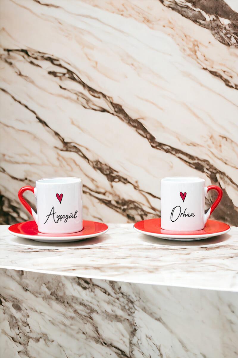Kişiye Özel İsim Yazılı Minik Kalpli İkili Kırmızı Türk Kahvesi Fincanı