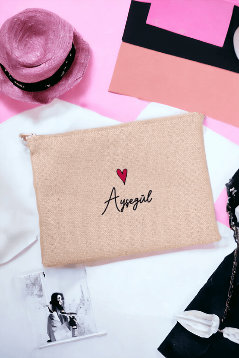 Kişiye Özel İsim Yazılı Minik Kalpli Keten Bez El Çantası