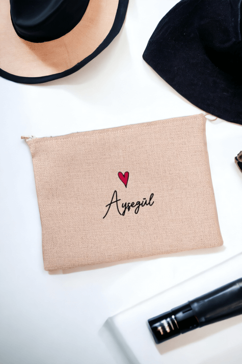 Kişiye Özel İsim Yazılı Minik Kalpli Keten Bez El Çantası