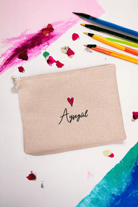 Kişiye Özel İsim Yazılı Minik Kalpli Keten Bez El Çantası