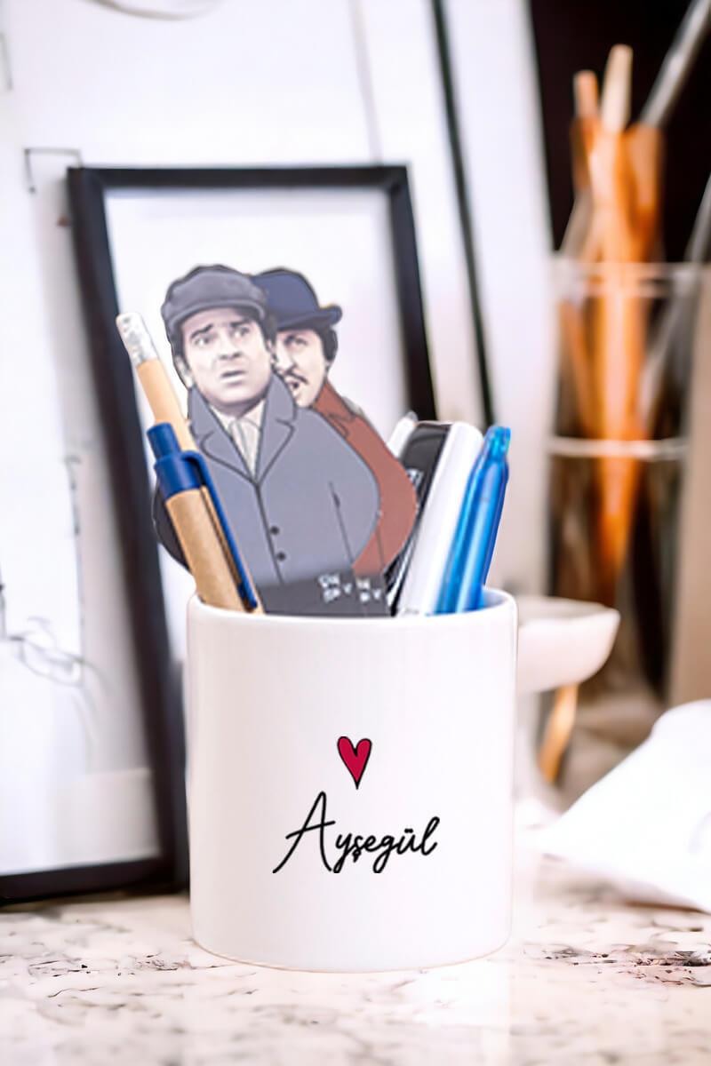 Kişiye Özel İsim Yazılı Minik Kalpli Seramik Kalemlik