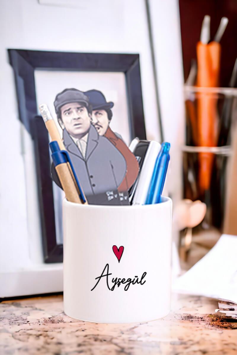 Kişiye Özel İsim Yazılı Minik Kalpli Seramik Kalemlik