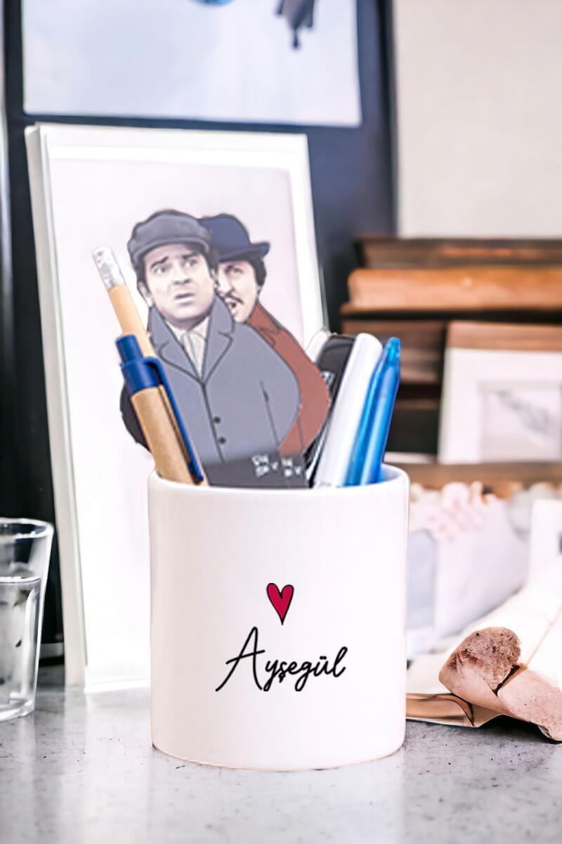 Kişiye Özel İsim Yazılı Minik Kalpli Seramik Kalemlik