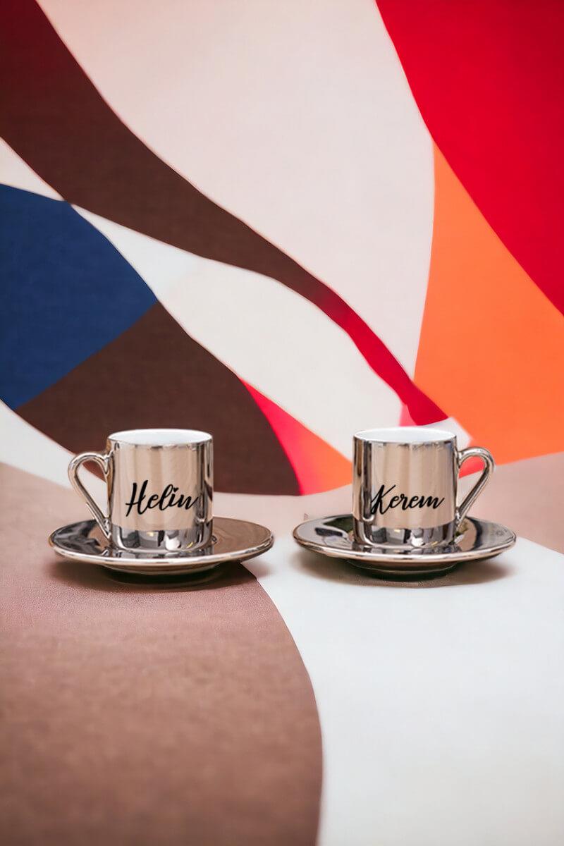 Kişiye Özel İsim Yazılı Porselen İkili Gold - Silver Türk Kahvesi Fincanı