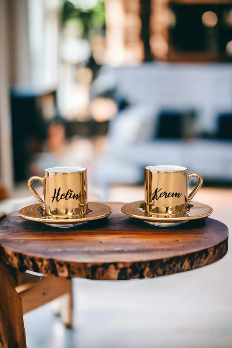 Kişiye Özel İsim Yazılı Porselen İkili Gold - Silver Türk Kahvesi Fincanı