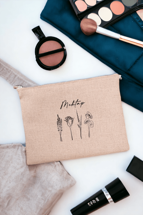 Kişiye Özel Karakalem Çizimli Çiçekler Keten Bez El Çantası