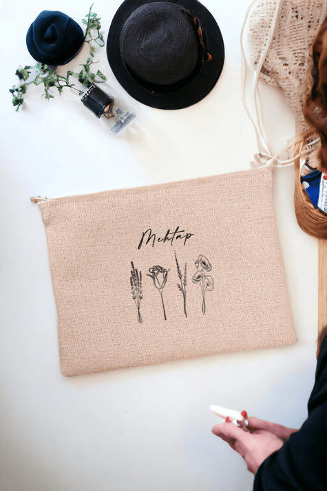 Kişiye Özel Karakalem Çizimli Çiçekler Keten Bez El Çantası