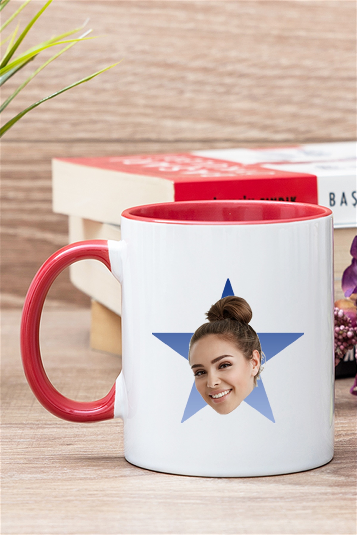 Kişiye Özel Mavi Yıldız Kafa Fotoğraflı İçi Renkli Kupa Bardak