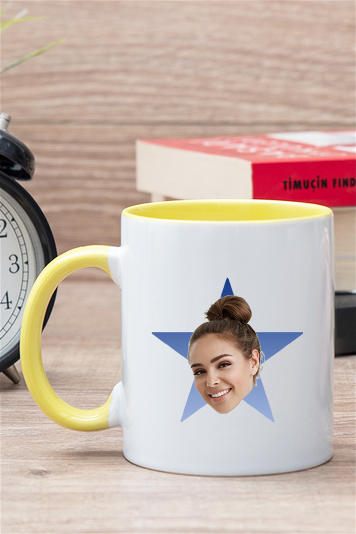 Kişiye Özel Mavi Yıldız Kafa Fotoğraflı İçi Renkli Kupa Bardak