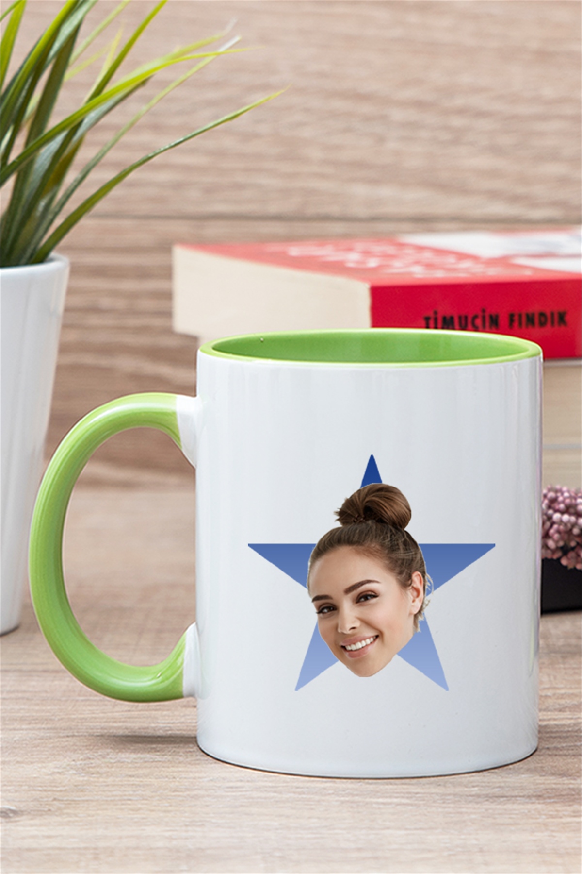 Kişiye Özel Mavi Yıldız Kafa Fotoğraflı İçi Renkli Kupa Bardak