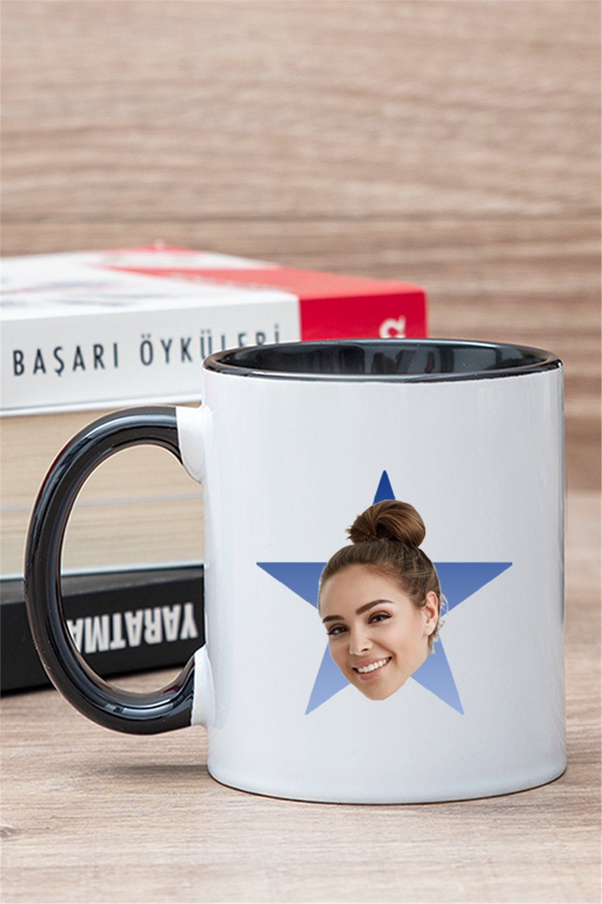 Kişiye Özel Mavi Yıldız Kafa Fotoğraflı İçi Renkli Kupa Bardak