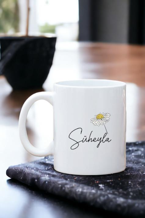 Kişiye Özel Papatya Tasarımlı İsimli Beyaz Kupa Bardak