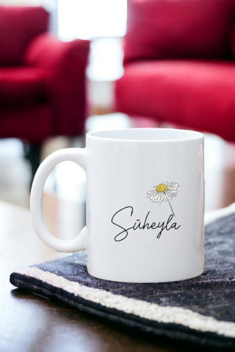 Kişiye Özel Papatya Tasarımlı İsimli Beyaz Kupa Bardak