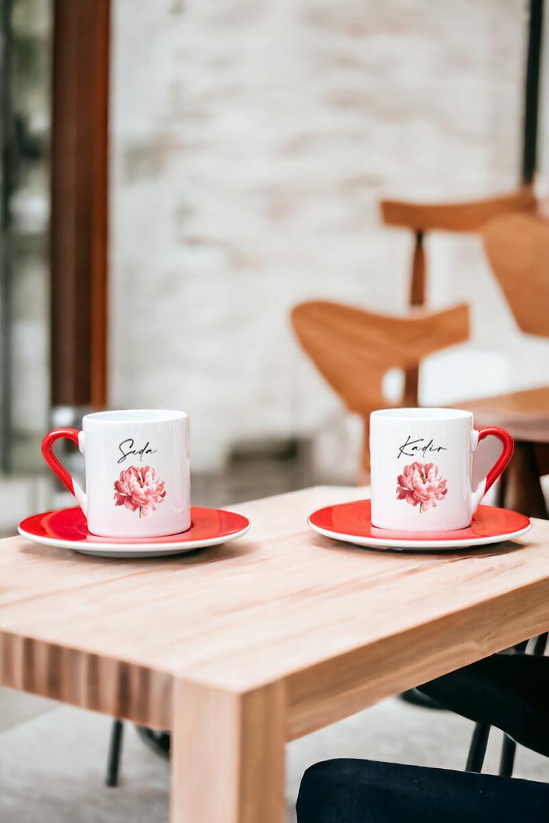 Kişiye Özel Pembe Çiçekli İsme Özel İkili Kırmızı Türk Kahvesi Fincanı
