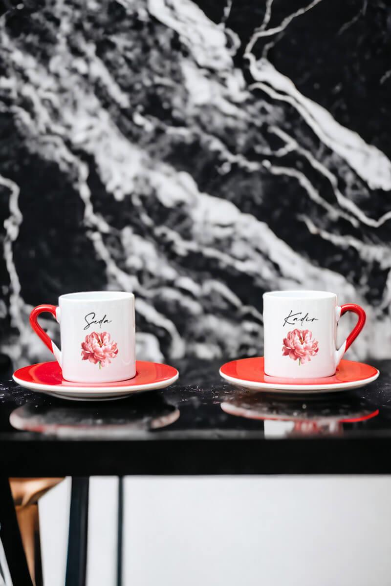 Kişiye Özel Pembe Çiçekli İsme Özel İkili Kırmızı Türk Kahvesi Fincanı
