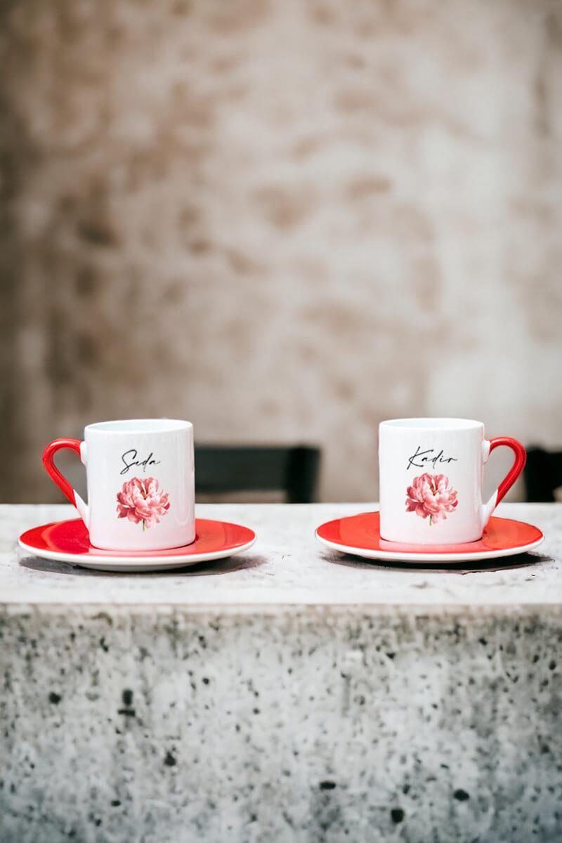 Kişiye Özel Pembe Çiçekli İsme Özel İkili Kırmızı Türk Kahvesi Fincanı