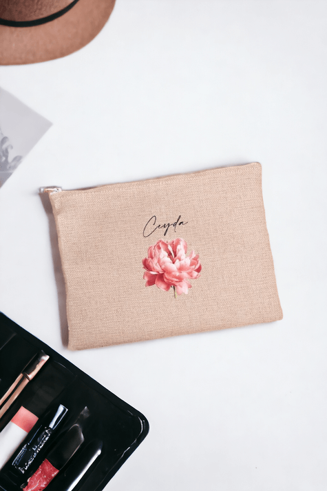 Kişiye Özel Pembe Çiçekli İsme Özel Keten Bez El Çantası