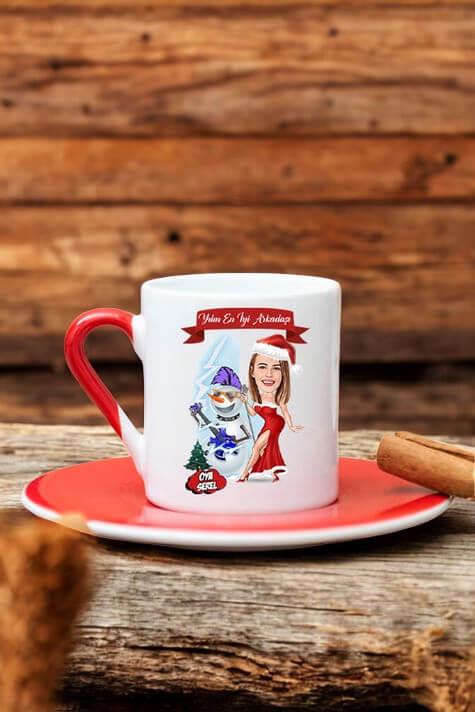 Kız Arkadaşa Yılbaşı Hediyesi Karikatürlü Kırmızı Türk Kahvesi Fincanı